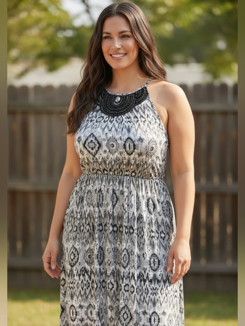 Lane Bryant Black and White Beaded Halter Maxi Dress